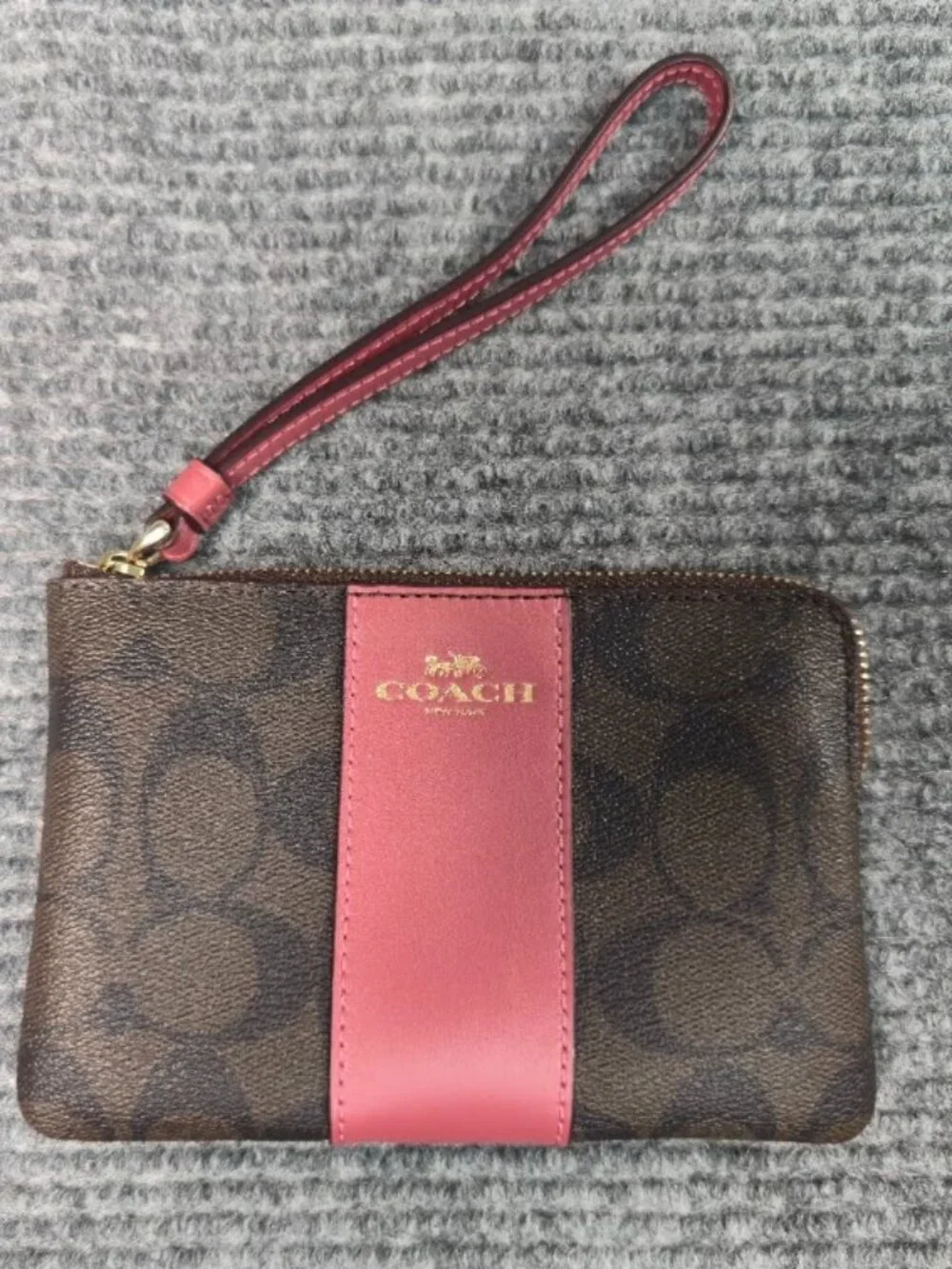 Coach Signature Brown & Pink Zip Wristlet Wallet | Leather Trim